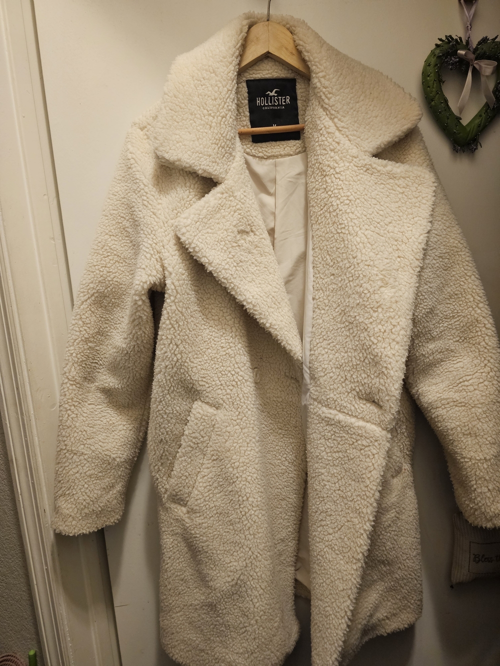 Hollister Women's Cream Sherpa Long Faux Sherling Teddy Trench Coat Jacket Mediu